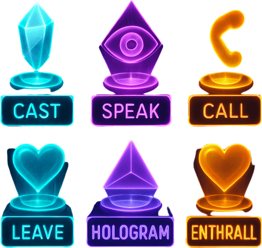 Neon cyberpunk mobile game menu overlay boxes for CAST, SPEAK, CALL, ENTHRALL, LEAVE magic gemstone crystal sigil eyeball heart triangle topdown flat 3d 2d hologram futuristic glowing occult chic HOLOGRAM menu