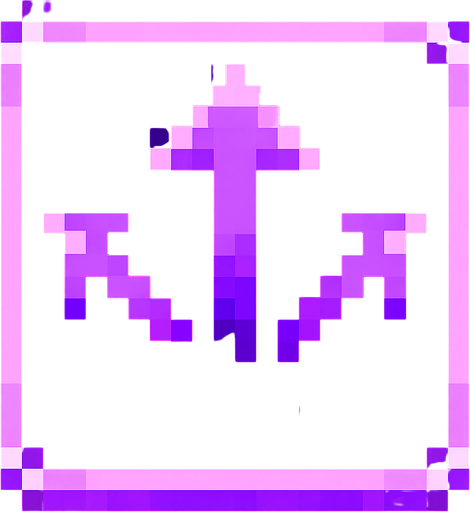 Pixel art of a violet power-up icon with three small arrows or projectiles spreading outward. Represents multishot power in a retro-style game. Glowing, pixelated square icon.
In-Game asset.  2d.  High contrast.  No shadows
