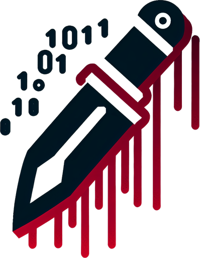 A Dagger Icon with 1's and 0's dripping off of it like blood.
Single Game Texture.  In-Game asset.  2d.  Blank background.  High contrast.  No shadows
