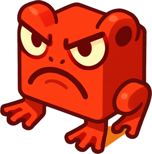 an angry isometric red square bullfrog character for a casual mobile game, facing the camera directly.
In-Game asset.  2d.  High contrast.  No shadows