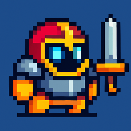 Crea un personaje estilo pixel art, un guerrero simple y fácil de animar. No debe tener manos ni piernas visibles, solo un cuerpo principal con forma redonda u ovalada. El diseño debe sugerir que es un guerrero usando colores llamativos, ojos brillantes o una armadura pixelada pegada al cuerpo. Puede tener una espada flotando al lado o en la espalda como decoración. Debe verse como un personaje de videojuego, pero sin partes que necesiten animación compleja..
In-Game asset.  2d.  High contrast.  No shadows