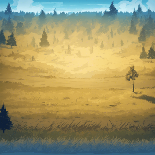 Remove dithering and blur and use instead crisp areas using five tone shading from vector art. No changes to the content of the image: it's still an empty battlefield meadow with a few trees along the edges.