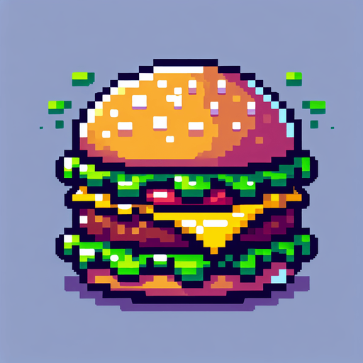 burger.
Single Game Texture. In-Game asset. 2d. Blank background. High contrast. No shadows. 8bit. no background.