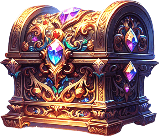 Magical treasure chest surrounded by a gaseous aura of rainbow colored magical energy..
Single Game Texture. In-Game asset. 2d. Blank background. High contrast. No shadows.