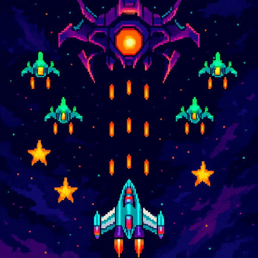 The image showcases a space-themed scene, reminiscent of a classic arcade shooter game. At the center, a sleek, futuristic spaceship is flying towards a large, menacing enemy craft positioned at the top of the image. The enemy ship has a glowing orange core and is surrounded by sharp, angular details.

In the background, a cosmic space environment with a blend of dark purples and blues sets the tone. Several smaller enemy ships, colored green, are positioned in a formation, actively shooting orange projectiles toward the player’s ship. There are also star-shaped icons scattered across the scene, possibly representing power-ups or achievements. The overall aesthetic combines sharp, vibrant neon colors with a retro-futuristic design, giving it a sense of high-energy action..
In-Game asset.  2d.  High contrast.  No shadows. Space Shooter  Arcade Game  Futuristic Spaceships  Retro Gaming  Space Battle  Sci-Fi Art  Video Game Art  Pixel Art Style
