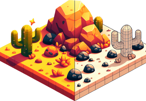 Create a desert rock. The goal is to capture a lively and playful location..
Single Game Texture. In-Game asset. 2d. Blank background. High contrast. No shadows.