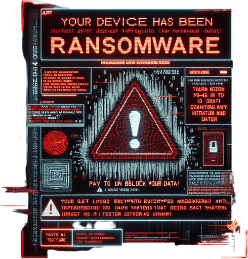 A full-screen background depicting a corrupted device overtaken by a ransomware message. The screen is dominated by a bold, alarming warning message in red and white text, with phrases like 'Your device has been locked!' and 'Pay to unlock your files!' prominently displayed. The background is dark, with digital glitch effects, static noise, and distorted text adding to the sense of corruption. Subtly embedded within the chaotic design is a hidden encrypted code, integrated into the distortion or glitch patterns, making it challenging to notice at first glance. The overall aesthetic is tense, urgent, and visually striking, fitting the theme of a high-tech device under attack..
Single Game Texture. In-Game asset. 2d. Blank background. High contrast. No shadows.
