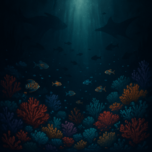 A fantasy underwater scene in a dark deep ocean, illustrated in highly detailed fantasy art style. The background is a dark abyss with faint rays of light piercing from above, casting soft glows through the water. At the bottom of the scene, vibrant and colorful coral reefs in hues of red, purple, teal, and orange spread across the sea floor. Exotic fish swim gently among the coral. The entire scene is viewed with a cinematic wide angle. Shadows of sea creatures loom faintly in the background. The water has particles suspended, giving it a mysterious and immersive depth. Bioluminescent algae softly glow in some areas of the coral. The overall tone is mysterious yet magical. Black background base. Ideal for a 5x5 grid overlay. No text, pure environment. 4K ultra-detailed fantasy illustration..
In-Game asset.  2d.  High contrast.  No shadows