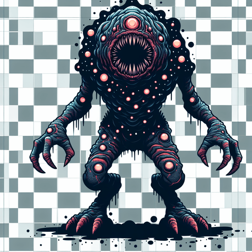 create a scary space monster.
Single Game Texture. In-Game asset. 2d. Blank background. High contrast. No shadows.