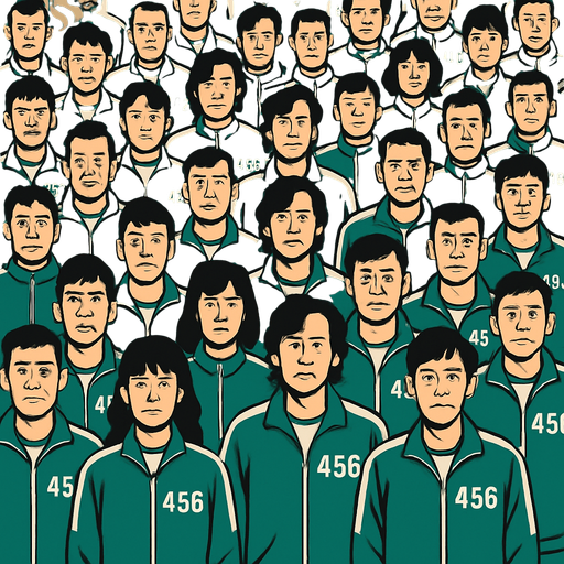 a lot of people in squid game clothes.
In-Game asset.  2d.  High contrast.  No shadows