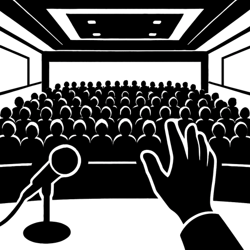 bir konferans salonunda sahnede olan birinin bakış açısından bir resim siyahın tonları kullanılsın.
In-Game asset.  2d.  High contrast.  No shadows