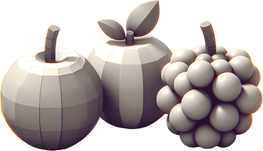 any three combo fruits some distance from each one.
Single Game Texture.  In-Game asset.  2d.  Blank background.  High contrast.  No shadows