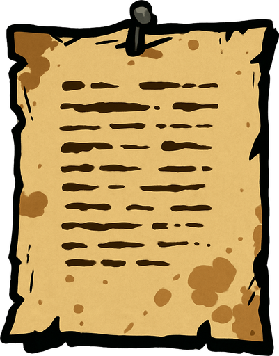 çivi ile duvara asılı hafif yıpranmış parşomen.
In-Game asset.  2d.  High contrast.  No shadows
