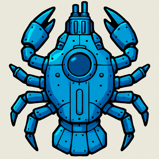 vertical top down blue king crab scifi submarine.
In-Game asset.  2d.  High contrast.  No shadows