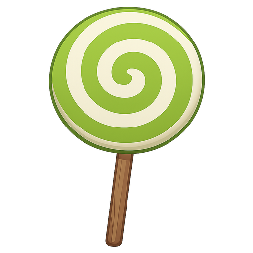wood stick, green&white stripe apple candy. No background. Transparent background. Blank background. No shadows. 2d. In-Game asset. flat