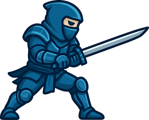 side scroller blue steel armored ninja aksi koreographi  dua tangan memegang pedang ke depan
In-Game asset.  2d. No shadows