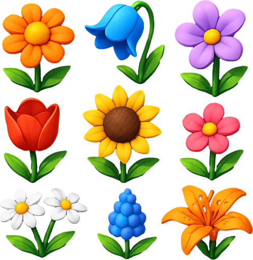 Pack of different flowers.
In-Game asset.  High contrast.  No shadows. 3D