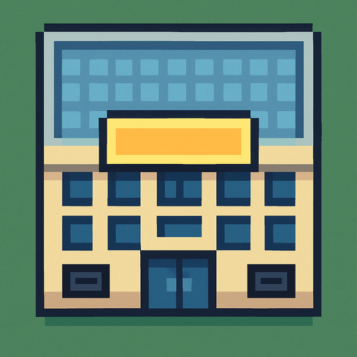 Commercial building 2d pixilated topdown.
In-Game asset.  2d.  High contrast.  No shadows