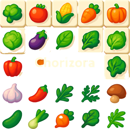 Mahjong game background of vegetables and plants, have text in the middle of it "Chorizora mahjong".
In-Game asset.  High contrast.  No shadows. 3D