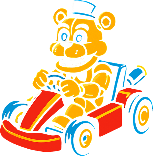 Un oso dorado animatronico en un kart.
In-Game asset.  High contrast.  No shadows