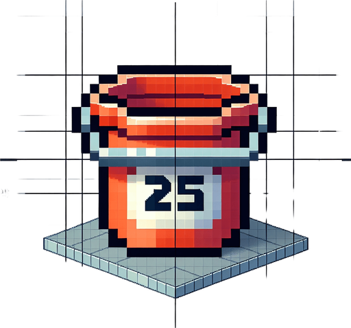 bucket with 25 text on it. front view. Single Game Texture. In-Game asset. 2d. Blank background. High contrast. No shadows. pixel. 8 bit