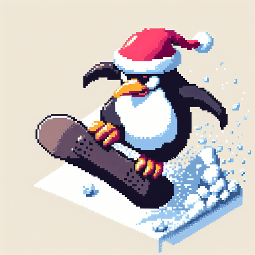 Giant angry penguin snowboarder wearing a red santa hat. top-view. gta 2. seen from above. Single Game Texture. In-Game asset. 2d. Blank background. High contrast. No shadows. pixelated. 8 bit.
A