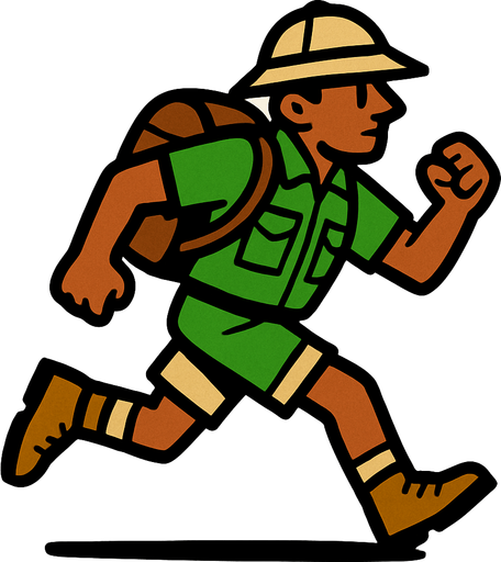 Safarici bir runner yeşil üstlü.
In-Game asset.  2d.  High contrast.  No shadows