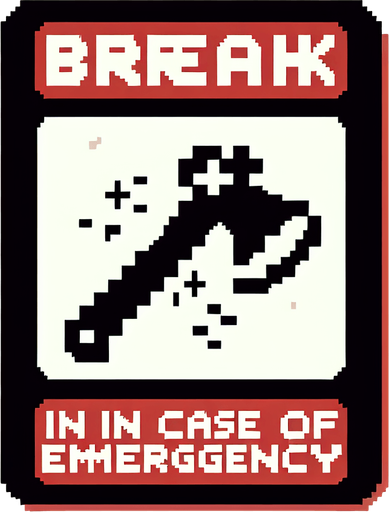 Break in case of emergency square. Ax drawing inside. simple. 8-bit. cartoon. blackand white..
Single Game Texture. In-Game asset. 2d. Blank background. High contrast. No shadows.