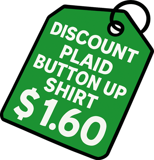 green price tag that says discount plaid button up shirt $1.60.
In-Game asset.  2d.  High contrast.  No shadows