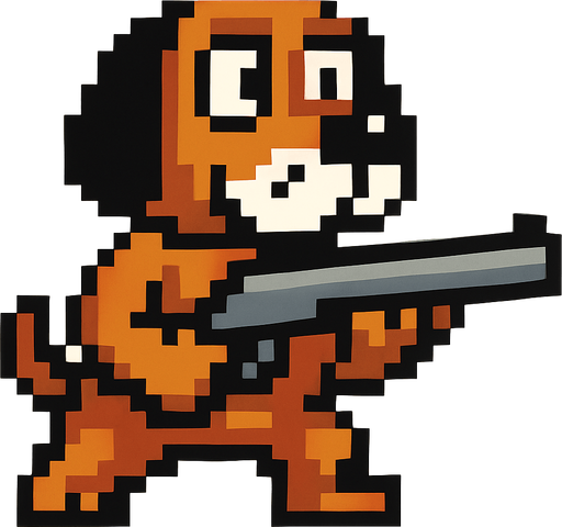pixart hunting brown dog with black ears and white mouth holding a gun.
In-Game asset.  2d.  High contrast.  No shadows
