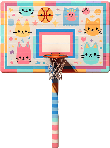 Basketbal backboard aiming directly at the camera. Zoomed in. In pastel color cat theme. Cartoon style.
Single Game Texture. In-Game asset. 2d. Blank background. High contrast. No shadows.