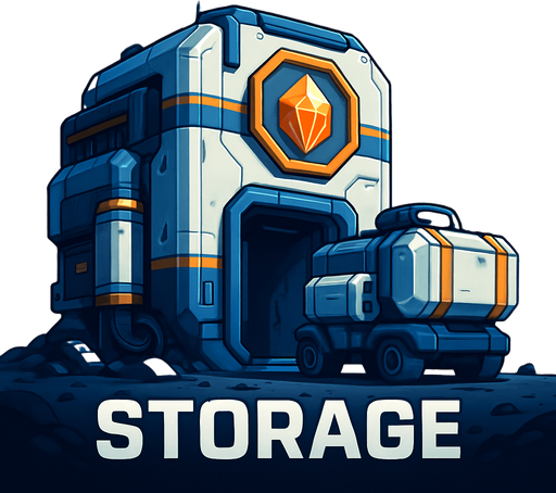 Uzay temalı global Cevher deposu, uzay kargosu, gerçekçi, Altında "Storage" yazsın.
In-Game asset.  High contrast.  No shadows