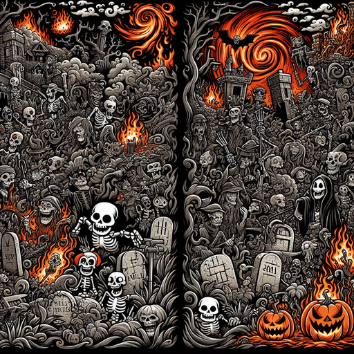 Generate a high quality cartoon background Halloween image on a black canvas similar to the format of where is waldo with a hellish environment.
Single Game Texture. In-Game asset. 2d. Blank background. High contrast. No shadows.
