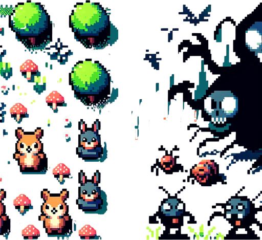 grma dengra de uhna mitad con bichos malignos atacando a personas y en la otra mitad grama verde llamativa con animales de bosque adorables
pixel art.
Single Game Texture.  In-Game asset.  2d.  Blank background.  High contrast.  No shadows