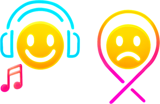 Icons for music & muted music by with emoji have headphone and happy and one doesn't have and sad. HD colors. future. cyberpunk+Abstract.
In-Game asset.  2d.  High contrast.  No shadows