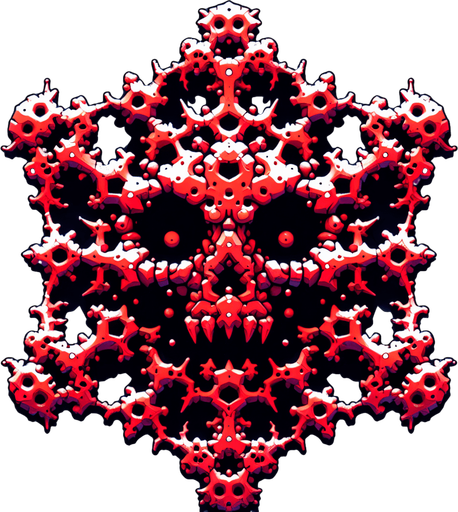 a very deadly and sharp snowflake with skull shape, red, cartoon Single Game Texture. In-Game asset. 2d. Blank background. High contrast. No shadows.
