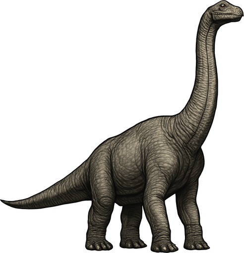 A realistic Brachiosaurus dinosaur standing tall on a transparent background. It has a long neck raised high, with a relatively small head featuring gentle eyes and a rounded snout. The body is massive and bulky, covered with textured grayish-brown scales showing subtle wrinkles and muscle definition. Its front legs are noticeably longer than the hind legs, giving it a distinctive sloping back. The tail is thick and extends straight behind. The skin texture is rough with detailed scales, emphasizing the dinosaur’s grandeur and calm nature..
In-Game asset.  2d.  High contrast.  No shadows
