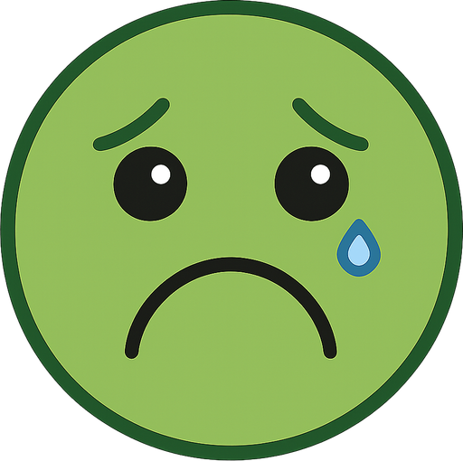 perfectly round, green sad face. No background. Transparent background. Blank background. No shadows. 2d. In-Game asset. flat