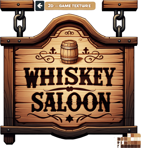 front facing western shooting gallery wooden sign hanging from chains that is written "Whiskey Saloon".
Single Game Texture. In-Game asset. 2d. Blank background. High contrast. No shadows.