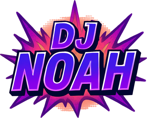 A bold, comic-style game title reading 'DJ NOAH' in large uppercase letters. The text features a deep electric purple gradient with sharp highlights and bold white outlines, styled like a dramatic comic book title splash. Subtle halftone textures and a radial glow enhance its dynamic look. Behind the text, abstract comic-style sound wave elements stretch outward in purple and magenta hues. The composition is punchy, modern, and dramatic — designed as a central UI graphic with transparent background for in-game use. 2D, high contrast, no drop shadow..
In-Game asset.  2d.  High contrast.  No shadows