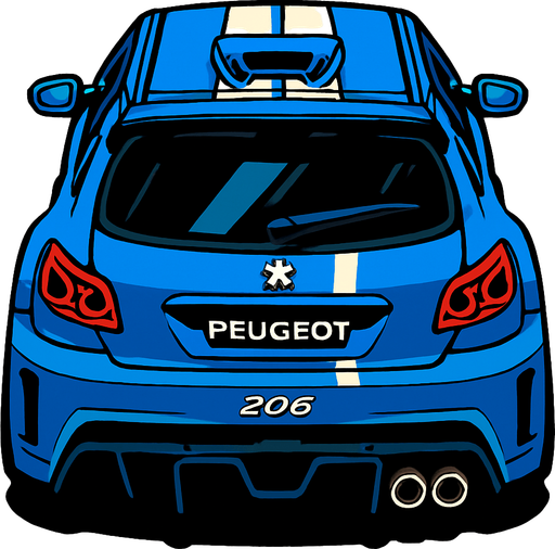 Mavi ve asiri Spor olarak ozellestirilmis bir peugeot 206 arkasi ama yukaridan.
In-Game asset.  2d.  High contrast.  No shadows