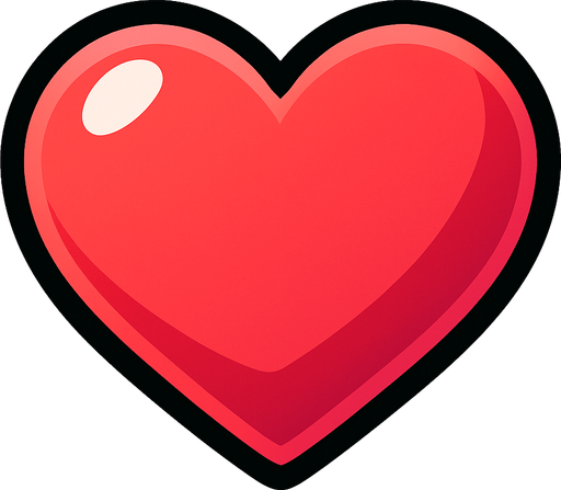 Crea un icono que represente las vidas del jugador. Debe ser un corazón estilizado y vibrante, visto directamente desde arriba, en un estilo 2D renderizado, limpio y cartoonish. El corazón debe tener contornos claros, colores vivos (principalmente rojo o rosa brillante) y un sombreado sutil que le dé volumen. Debe ser fácilmente reconocible y legible incluso a tamaño pequeño..
In-Game asset.  2d.  High contrast.  No shadows