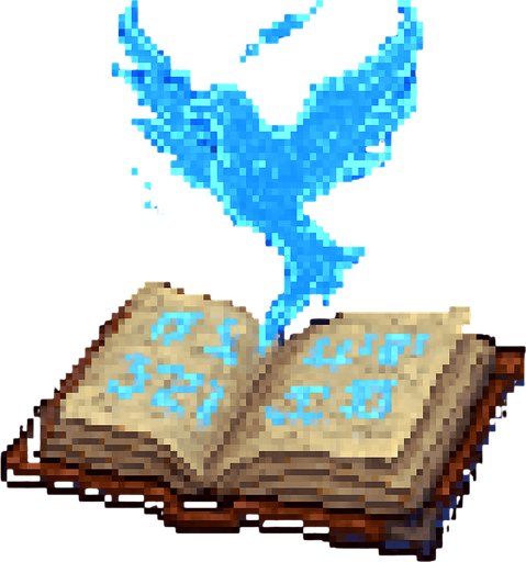 "2D pixel art of a glowing blue bird symbol emerging from an open magical spellbook. The spellbook has worn covers and glowing arcane runes on its pages. The bird symbol floats above the book, made of shimmering blue magical energy, with soft glowing edges and a slightly transparent, ethereal look. It represents a magical creature or summon. Designed in classic 16-bit fantasy RPG pixel art style. Transparent background.".
In-Game asset.  2d.  High contrast.  No shadows