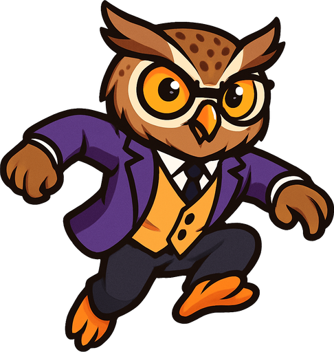 A stylized cartoon owl mascot with a sharp business suit, resembling a professional professor or detective. The owl has large expressive orange eyes, a speckled brown head, and detailed feathers. Its body is in mid-jump pose as if performing a parkour leap, arms slightly bent for momentum, legs tucked upward. The style is clean 2D vector art with high contrast, no shadows, and vibrant colors. Purple blazer, golden vest, black tie remain consistent. Background is blank. Focus on dynamic motion and confident energy, game-ready sprite texture.