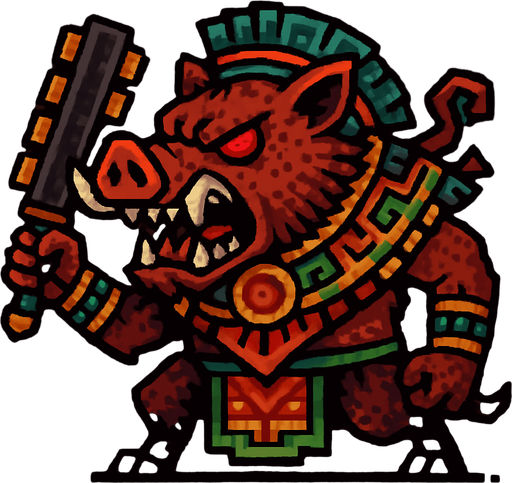 Genérame una Pecari de collar guerrero azteca con eso patrones, estilo pixelar, con una apariencia maligna, ojos rojos, rabioso. Unidad cuerpo a cuerpo.
In-Game asset.  2d.  High contrast.  No shadows