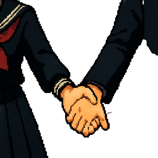 The camera focuses only on their hands. The girl, wearing a traditional Japanese sailor fuku uniform, firmly grabs the hand of the boy, who is dressed in a classic gakuran. She pulls him forward with energy and excitement. His hand follows with slight tension, expressing surprise. Nothing else is shown—just the gesture: a meaningful connection captured in the simple act of their hands intertwined. Behind them stretches a Japanese school hallway, all rendered in a charming Pixel Art style.