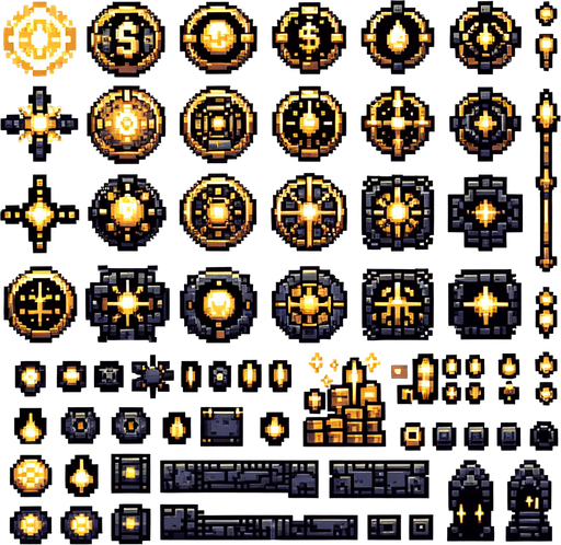 Create a sprite sheet featuring various components of a gold coin, incorporating dungeon design elements. The design should include top-down views of gold coin. Each part should be distinct, with a cohesive color scheme of metal, gold and black, accented by glowing lights for a fantasy look. The style should be detailed pixel art, reminiscent of classic 32-bit era video games, with glowing lights serving as style guides. Arrange the components on a dark background, with each part neatly aligned in rows and columns for easy identification and use in game development..
Single Game Texture. In-Game asset. 2d. Blank background. High contrast. No shadows.