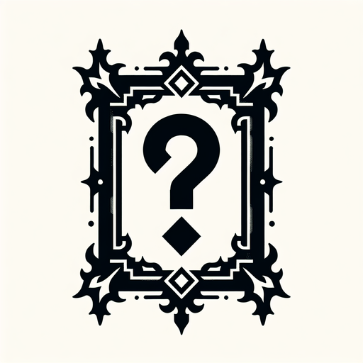 black gothic frame with a question mark inside silhouette.
Single Game Texture. In-Game asset. 2d. Blank background. High contrast. No shadows.