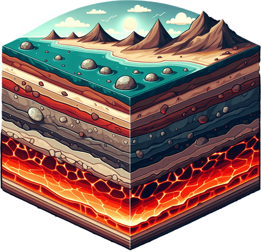 A 2D side-view of the layered earth, like a side-scrolling game environment. 
No cubes or spheres—just a wide rectangle showing layered dirt and rock strata, 
with distinct horizontal bands in different shades of brown and gray. 
Some layers can have small stones, fossils, or subtle traces of ore. 
The style is slightly cartoonish, with clear outlines and warm earthy colors.
Make the top layer a rocky or dirty layer to indicate the deeper layers, 
then progressively much darker and more red as it goes deeper indicating lava rock.
Single Game Texture.  In-Game asset.  2d.  Blank background.  High contrast.  No shadows. Side View. Rectangle. Square. Not a Cube, Horizontal view, lateral view, sideward view, Side angle.