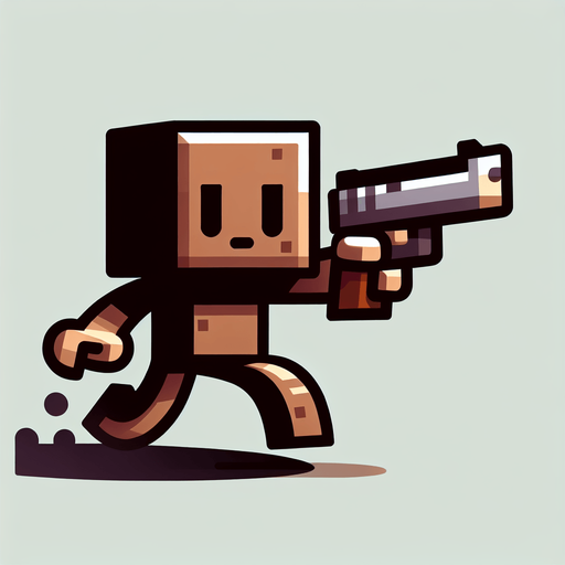 Brown block shooting a gun 2d.
Single Game Texture. In-Game asset. 2d. Blank background. High contrast. No shadows.